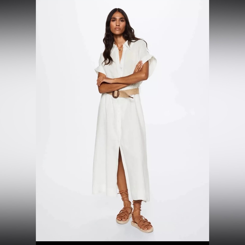 Mango MNG Womens Size 10 100% Linen Shirt Dress Midi Length White Size 10